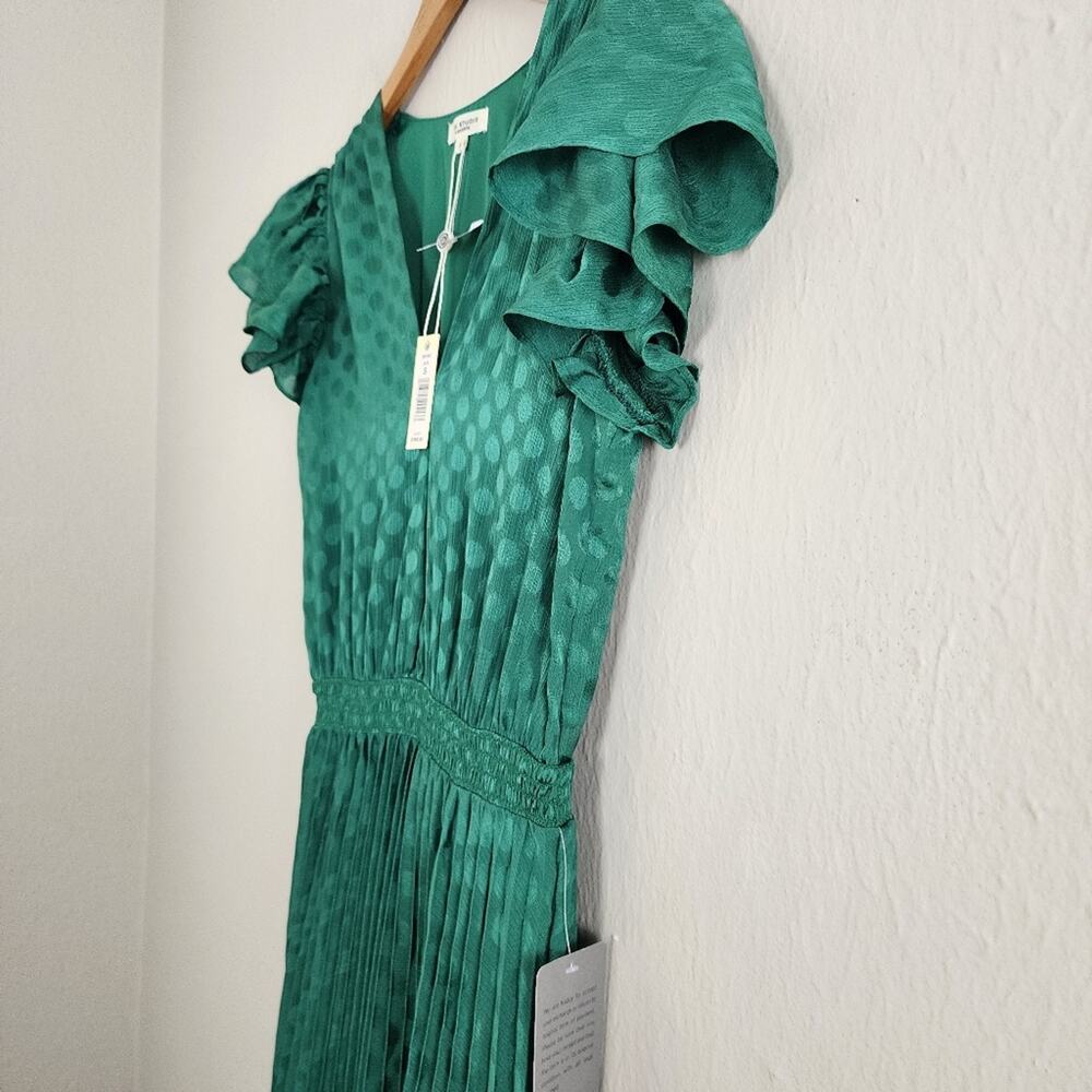 Max Studio Jade Green Pleated Satin Polka Dot Midi Dress NWT Flutter Sleeve Sm - Picture 9 of 12
